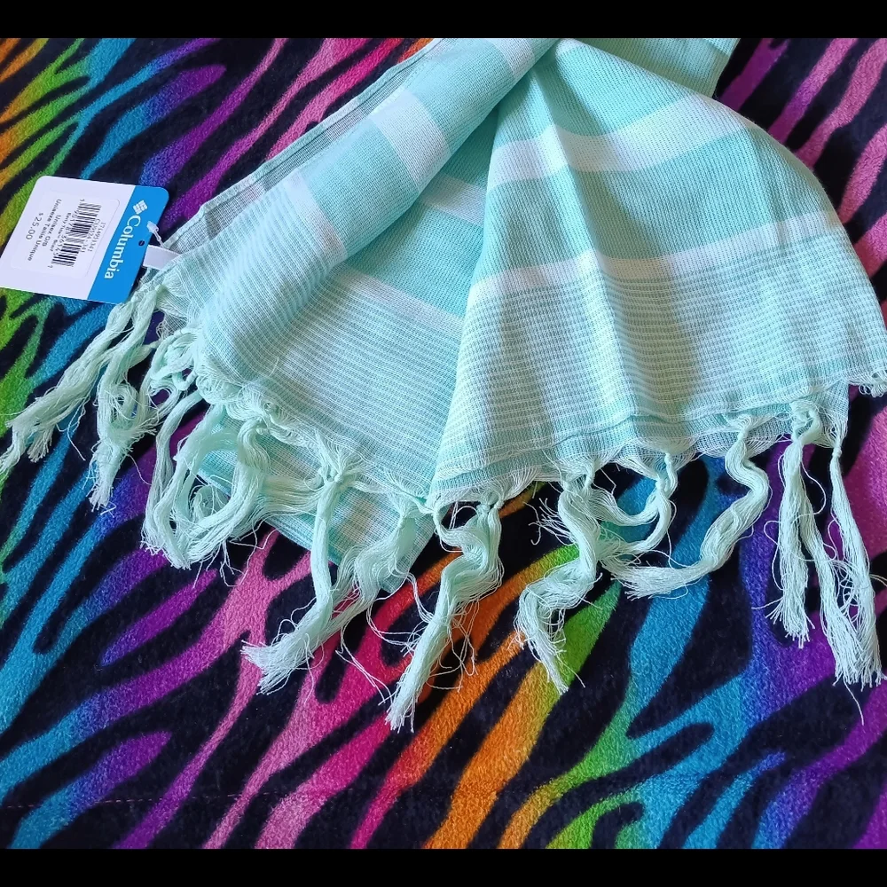 🖤NWT Columbia Early Tide Cotton Scarf Striped Green Tassles One Size Unisex